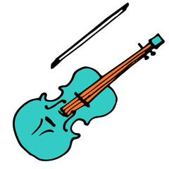 blue violin and bow icon. drawing of a musical instrument in the doodle style, violin with bow, top view, black outline turquoise color with orange on white for vector illustration of the design templ