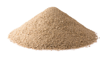 pile of dry sharp sand, also known as course sand or pit sand, very commonly used for making concrete, isolated on white background