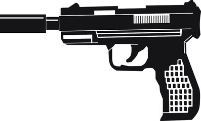 Pistol vector illustration, hand gun silhouette, isolated on white.