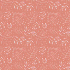 Fototapeta na wymiar Vector seamless pattern with a fabulous mythical bird and tropical leaves on a pink background. Excellent for women's clothing fabric, interior textiles, wrapping paper, gift wrapping, etc.