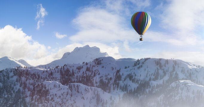 Dramatic Mountain Landscape covered in clouds and Hot Air Balloon Flying. 3d Rendering Adventure Dream Concept Artwork. Aerial Image from British Columbia, Canada. Colorful blue Sky