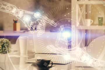 Fototapeta premium Double exposure of data theme drawing and office interior background. Concept of technology.