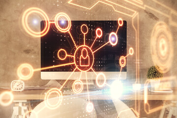 Double exposure of social network theme drawing and office interior background. Concept of web.
