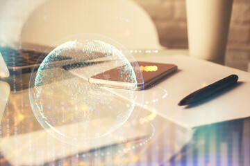 Double exposure of map drawing and cell phone background. Concept of data globalization