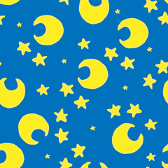 Obraz na płótnie Canvas a pattern of a crescent moon and yellow stars on blue. a seamless pattern of hand-drawn cartoon moons and stars, bright yellow often and randomly placed on blue for a children's design template