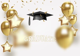 Graduation party elegant banner with golden design elements and air balloons. © raz234