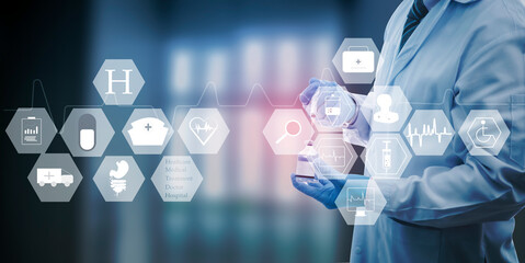 Digital therapy tool concept, doctor working with touch interface, medical network connection icon...