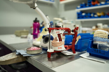 Ceramic implants of maxillary prostheses on a workshop desk. 