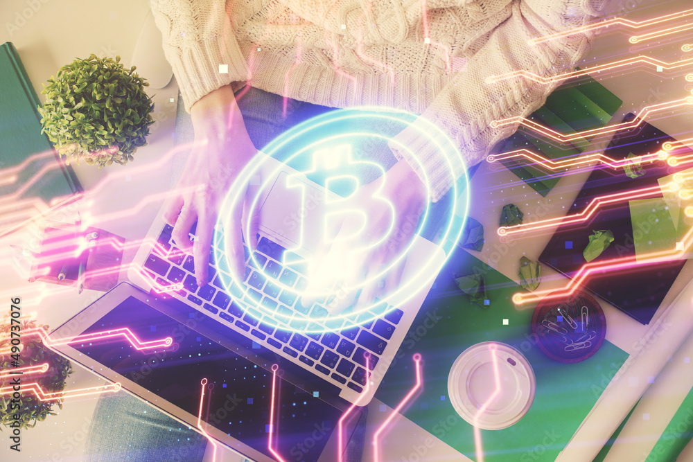 Aufkleber double exposure of woman hands working on computer and blockchain theme hologram drawing. top view. 