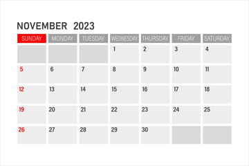 Calendar template for november 2023. Layout for november 2023 year. Printable monthly planner. Desk calendar design. Start of the week on Sunday.