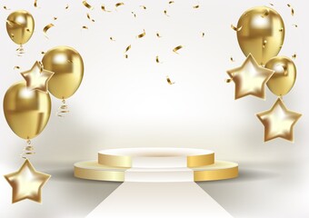 Golden stage podium with falling down colorful confetti and balloons on light background.
