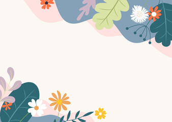 Abstract spring and summer flat simple natural background with flowers, plant and copy space for banner, greeting card, poster