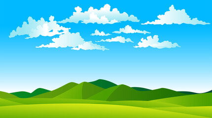 Vector illustration of beautiful summer landscape fields, green hills, blue sky bright color, country background in flat banner cartoon style. 
