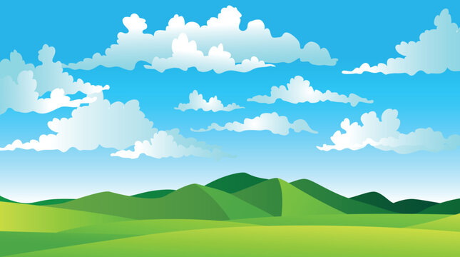 Cartoon flat panorama of spring summer beautiful nature, green grasslands meadow with mountains on horizon background, summer mountain landscape, dawn over the valley. Vector illustration	