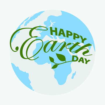 Happy Earth Day handwritten lettering with the globe on a blue background. Happy Earth Day typography vector design for greeting cards and poster. Design template celebration. Vector illustration.