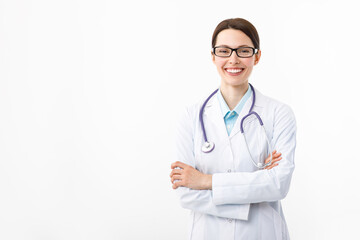 Portrait of an attractive woman doctor with a stethoscope on a white background.