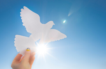 Close-up of a hand holding a papercut of a white dove in front of a blue sky background; fingernails in the colours of the ukrainian flag. Symbol for peace in the war between russia and ukraine.