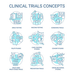 Clinical trials turquoise concept icons set. Healthcare study. Science medical research idea thin line color illustrations. Isolated symbols. Editable stroke. Roboto-Medium, Myriad Pro-Bold fonts used