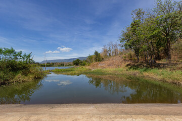 Reservoir connected to concrete spillway