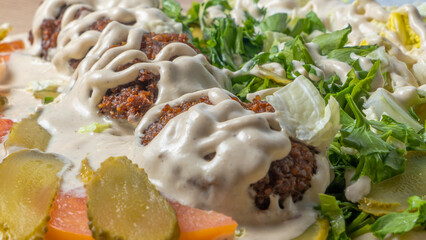 Close-up view of falafel and fresh salad. Vegan tacos. Vegetarian healthy food. Vegetarian falafel with salad on pita.