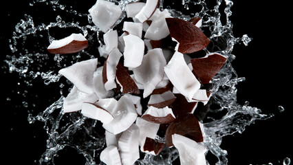 Freeze motion of coconts in water splash.