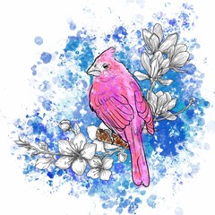 Pink bird with flowers with a blue background in the style of graphics