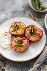 Honey roasted peaches with cream cheese. Sweet and juicy roasted peaches stuffed with a honey and cream cheese. Homemade bbq roasted peaches or nectarines