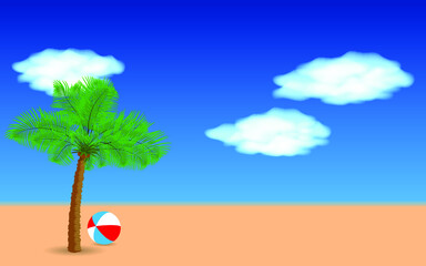 Fototapeta na wymiar Palm tree and ball on the beach. Beach vacation concept