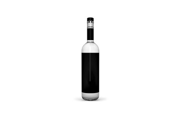 Isolated vodka bottle mockup with text label - alcohol drink packaging template on white background. Realistic glass bottle with black unopened cap. 3d rendering.