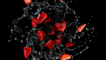 Freeze motion of berries in water splash.