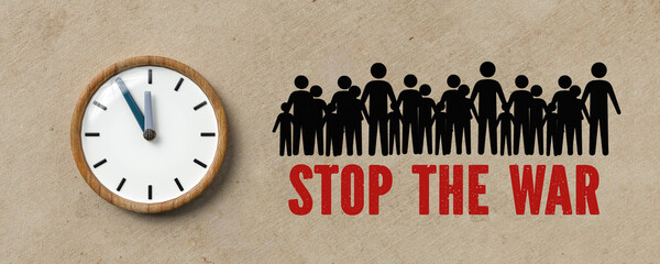 many people and the message STOP THE WAR on paper background