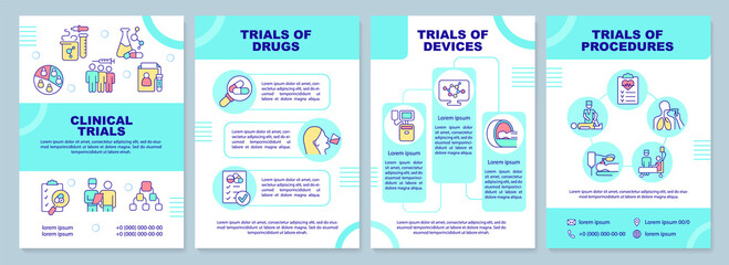Clinical trials types turquoise brochure template. Medical science. Leaflet design with linear icons. 4 vector layouts for presentation, annual reports. Arial-Black, Myriad Pro-Regular fonts used