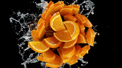 Freeze motion of sliced oranges in water splash.