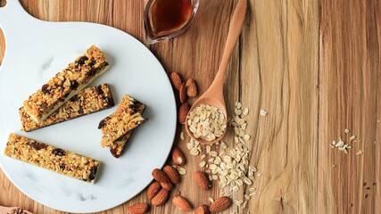 Homemade granola energy bars with figs, oatmeal, almond, dry cranberry, chia and sunflower seeds, healthy snack