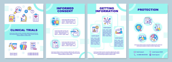 Clinical studies mint brochure template. Medical tests. Leaflet design with linear icons. 4 vector layouts for presentation, annual reports. Arial-Black, Myriad Pro-Regular fonts used