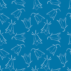 A set of seamless patterns of bellflowers, white contour on a color background, 1000x1000 pixels, vector graphic.