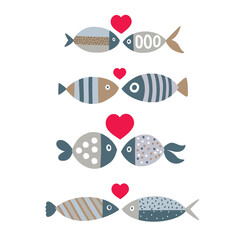 Fish in love. Kids illustration. Vector set.