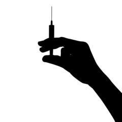 Black Hand silhouette holds a syringe with a vaccine. Vaccination Concept. Illustration