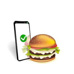 illustration of ordering a burger with your smartphone, burger in your phone