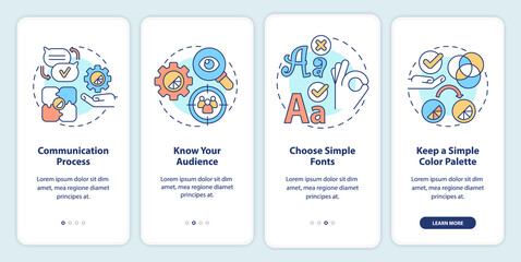 Graphic design rules onboarding mobile app screen. Visual content making walkthrough 4 steps graphic instructions pages with linear concepts. UI, UX, GUI template. Myriad Pro-Bold, Regular fonts used