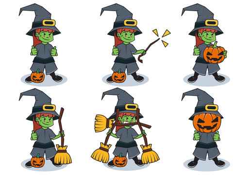 Bundle Set Illustration of Halloween Evil Witch Character with Different Activities