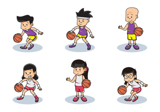 Bundle Set Illustration of Boys and Girls Basketball Team Character..