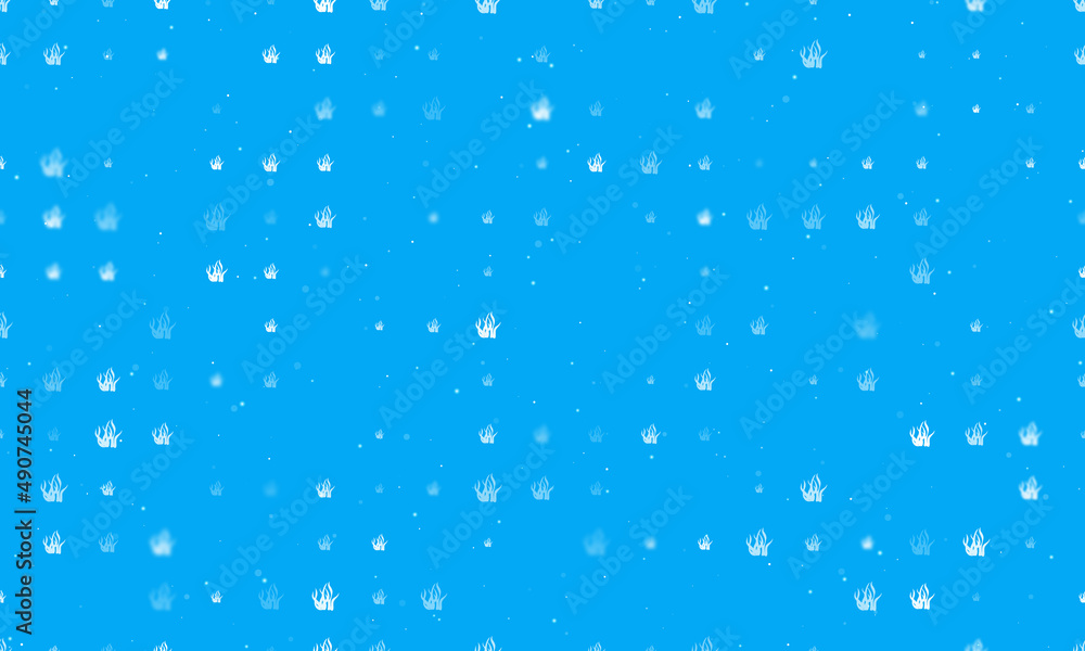 Poster seamless background pattern of evenly spaced white seaweed symbols of different sizes and opacity. v