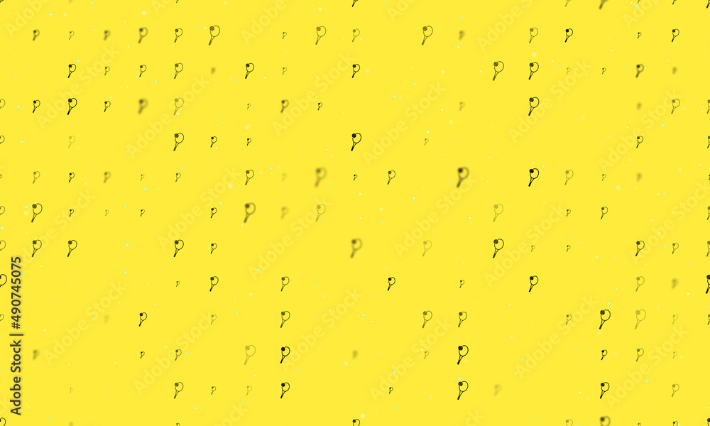 Poster Seamless background pattern of evenly spaced black tennis symbols of different sizes and opacity. Vector illustration on yellow background with stars