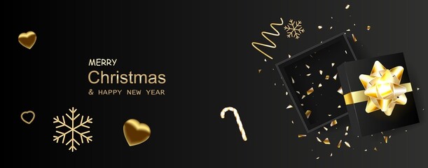 Fototapeta na wymiar Christmas Black banner Super Sale. Realistic black gifts boxes. Empty open gift box top view with gold bow.