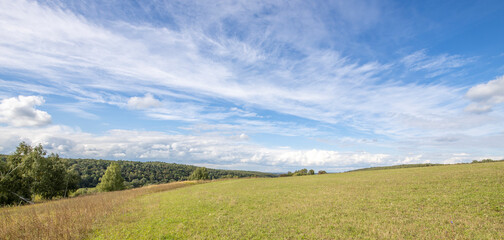 Field after harvest and blue sky with light clouds