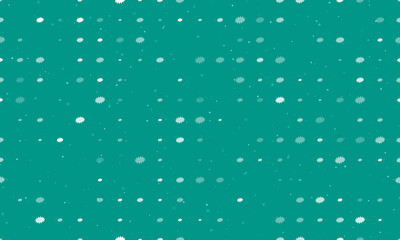 Seamless background pattern of evenly spaced white explosion symbols of different sizes and opacity. Vector illustration on teal background with stars