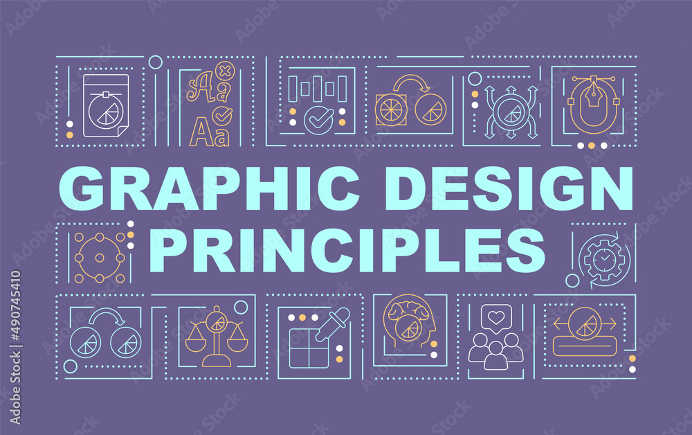 Poster principles of graphic design word concepts purple banner. business style. infographics with icons on