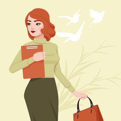 Beautiful business lady, elegant businesswoman, female executive walking. Smart modern red haired female social media profile picture. Vector flat style creative illustration, beige, birds background