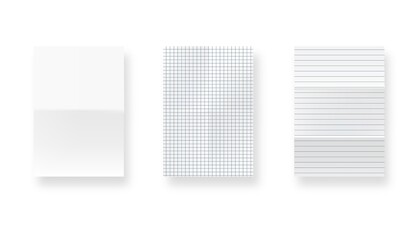 Realistic blank lined paper sheet with shadow in A4 format isolated on gray background collection. illustration.